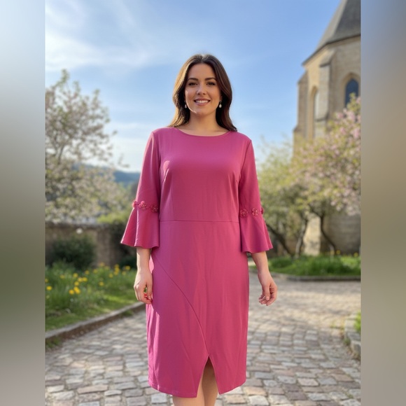 Misslook Pink Midi Dress Size knit spandex bell floral beaded sleeves size 14 - Picture 2 of 16